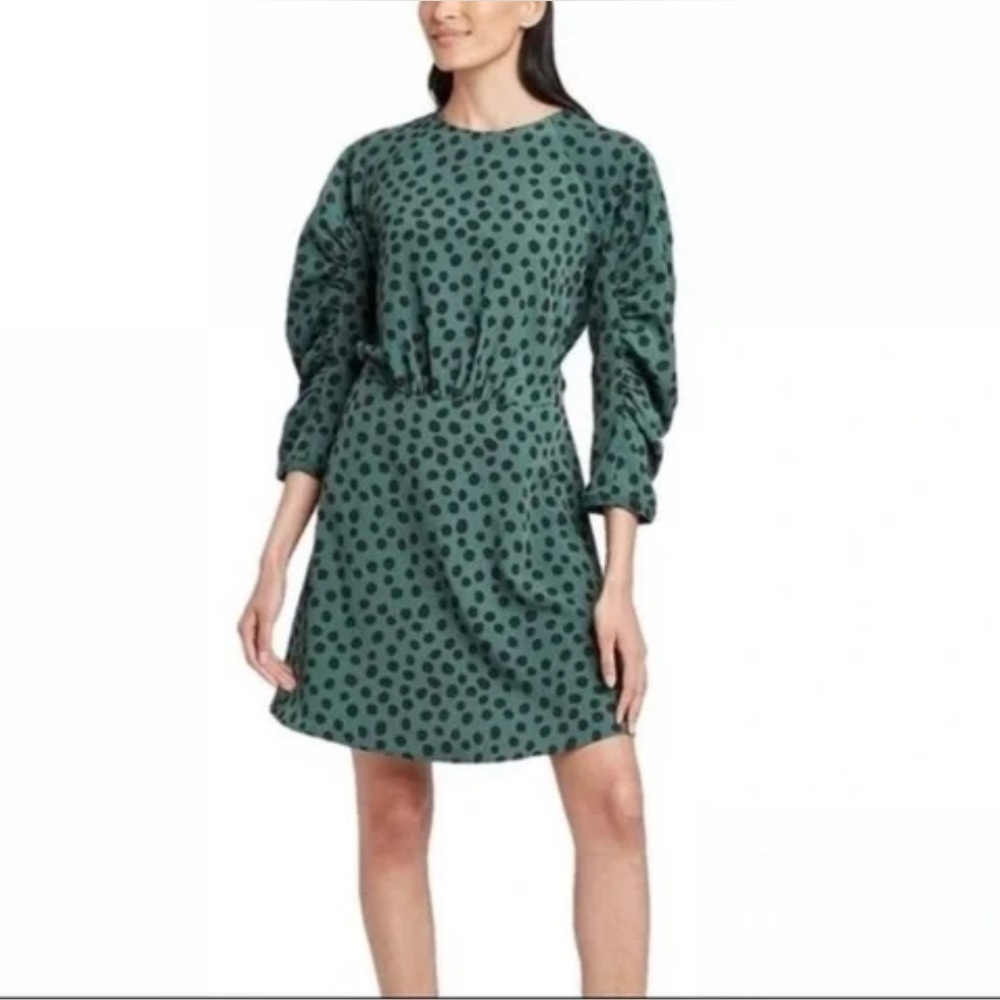 WHO WHAT WEAR SZ XXL GREEN BLACK ROUCHED SLEEVES POLKA DOT DRESS